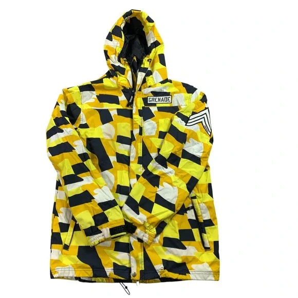 Grenade Snowboard Jacket Mens M Yellow Camo Hooded Insulated Parka Full Zip Snap - Picture 12 of 15